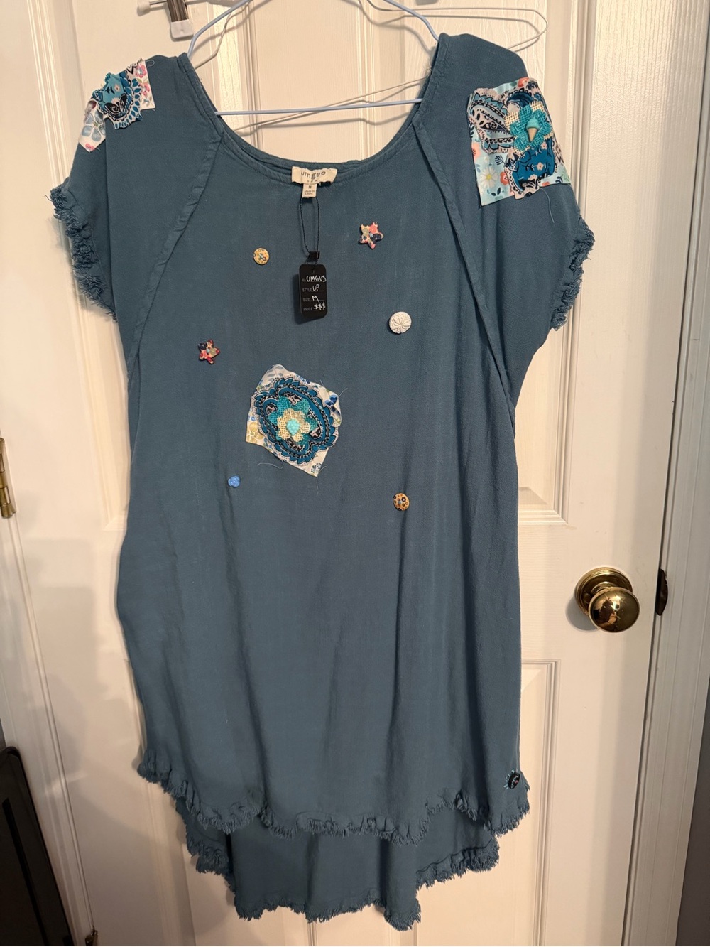 Upcycled Umgee Slate Blue Patchwork Tunic with Hand Embellished Accents, Med